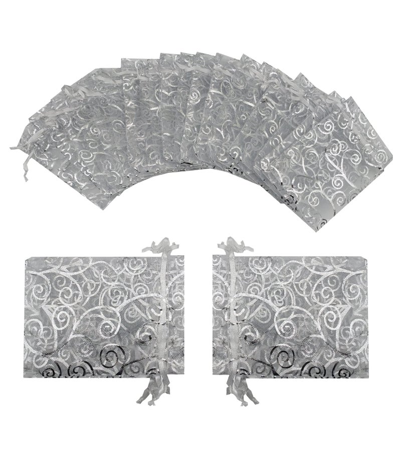 Ankirol 100pcs Sheer Organza Favor Bags For Wedding Baby Shower Rattan Print Gift Bags Samples Display Drawstring Pouches (4x6 inch, silver) - Image 5